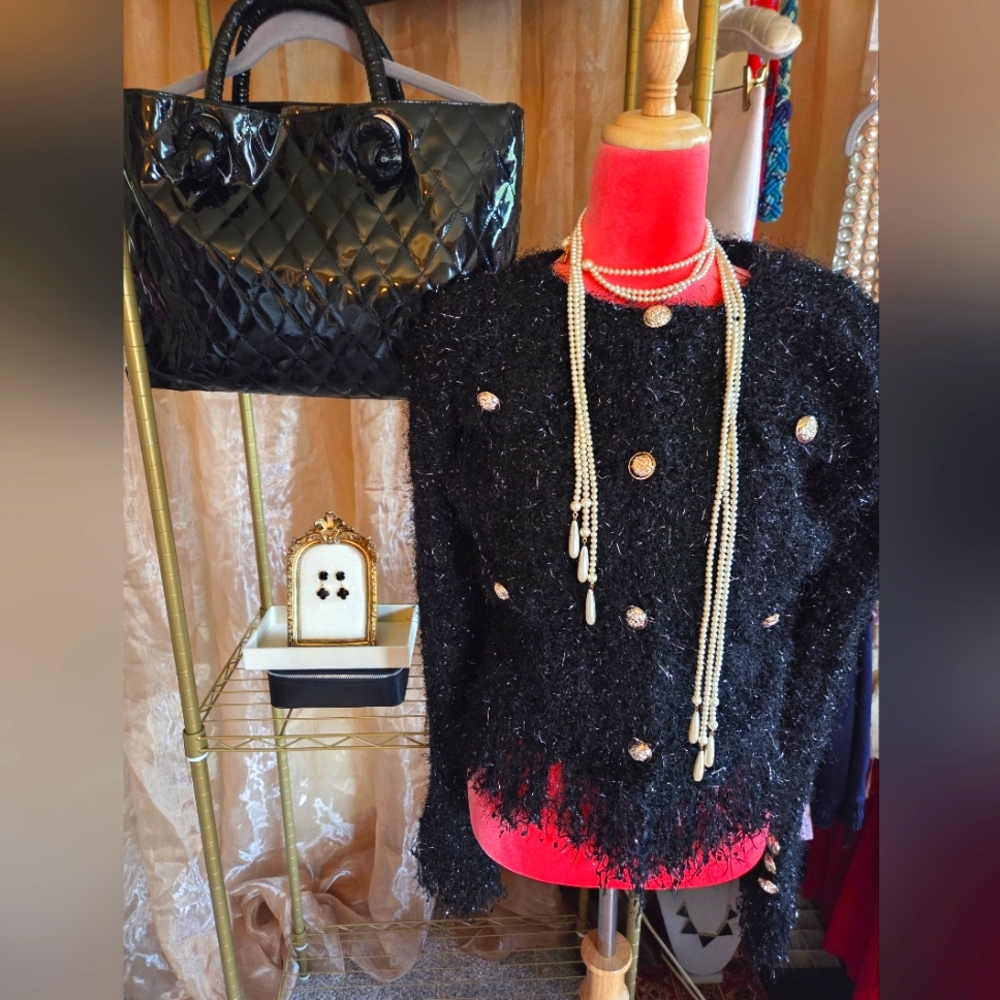 Sweater Cardigan Vtg Multi Strand Signed LC Pearl Necklace Patent Leather Tote